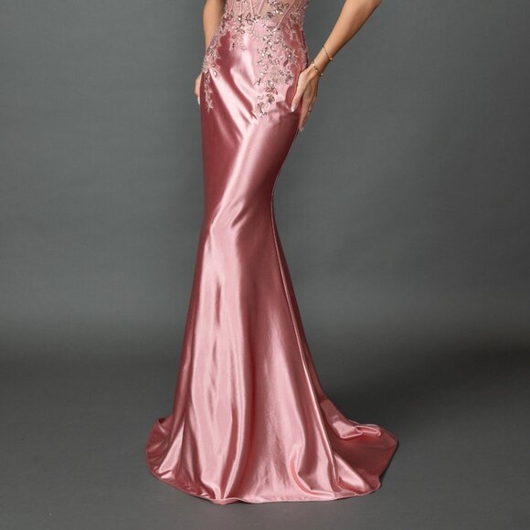 New Off Shoulder Maxi Prom Gown w/ Floral Lace Over Sheer Boned Bodice DQ 4540 - Picture 9 of 9